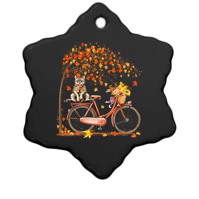 Retro Bicycle Cat Autumn Leaves Fall Thanksgiving Ceramic Star Ornament