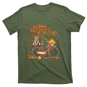 Retro Bicycle Cat Autumn Leaves Fall Thanksgiving T-Shirt