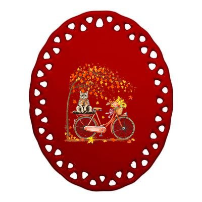 Retro Bicycle Cat Autumn Leaves Fall Thanksgiving Ceramic Oval Ornament