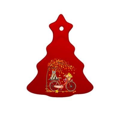 Retro Bicycle Cat Autumn Leaves Fall Thanksgiving Ceramic Tree Ornament