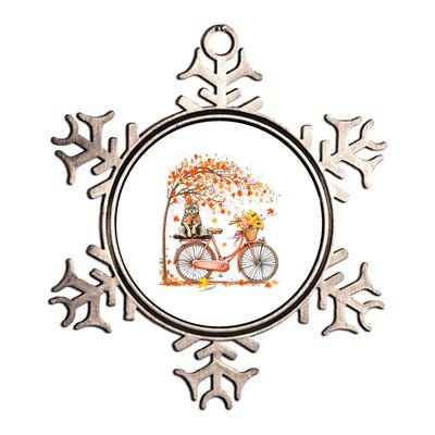 Retro Bicycle Cat Autumn Leaves Fall Thanksgiving Metallic Star Ornament