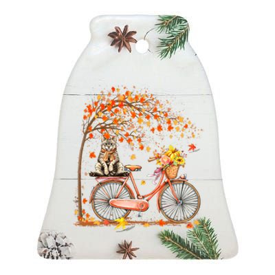 Retro Bicycle Cat Autumn Leaves Fall Thanksgiving Ceramic Bell Ornament