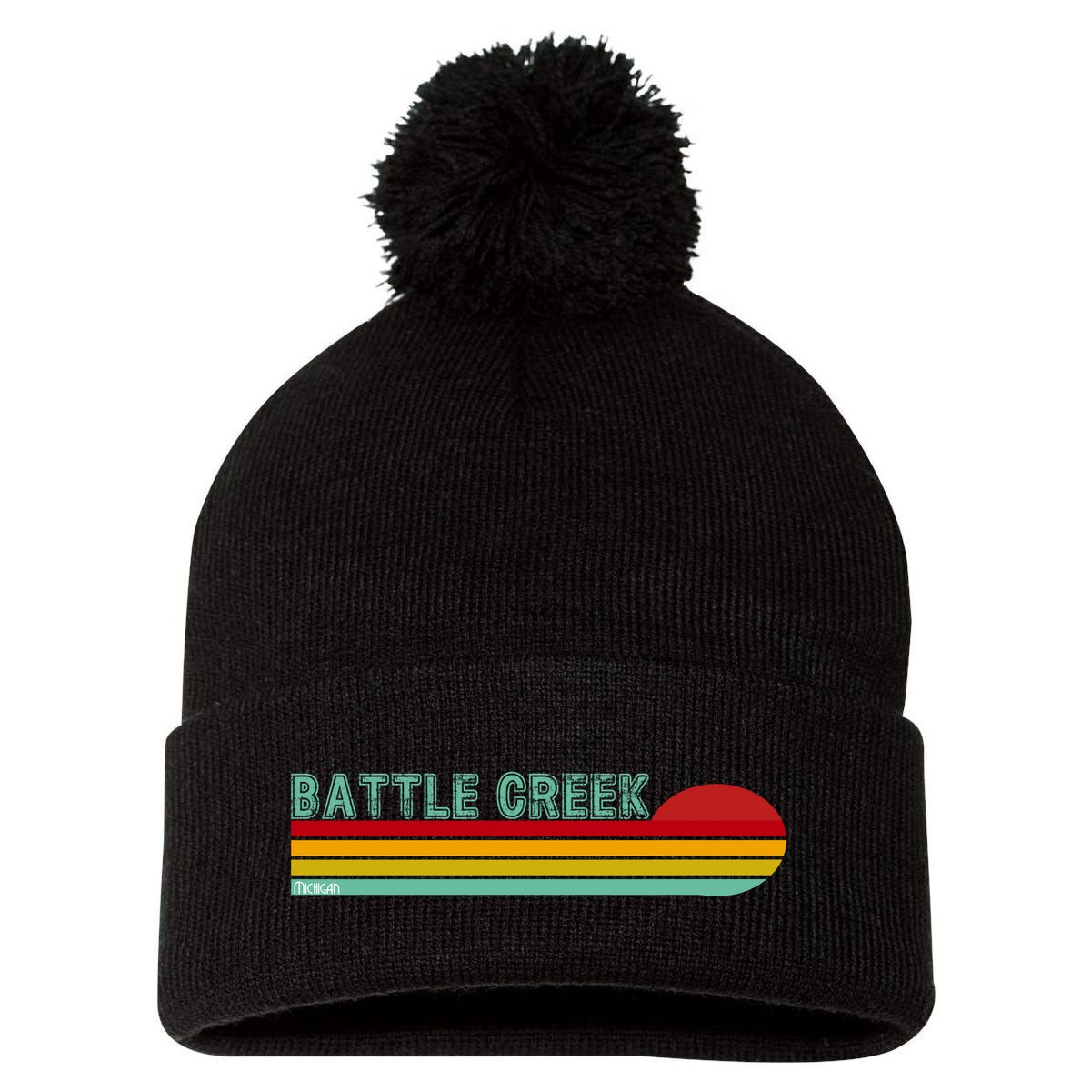 Retro Battle Creek Michigan Pom Pom 12in Knit Beanie