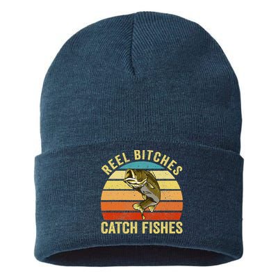 Reel Bitches Catch Fishes Funny Fishing Fisherman Vintage Sustainable Knit Beanie
