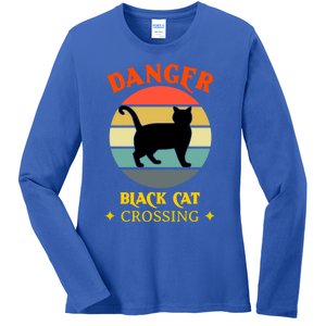 Retro Black Cat Danger Black Cat Crossing Superstition Meaningful Gift Ladies Long Sleeve Shirt