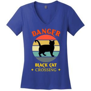 Retro Black Cat Danger Black Cat Crossing Superstition Meaningful Gift Women's V-Neck T-Shirt