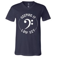 Retro Bass Clef Music Keeping It Low Key Musician Humor V-Neck T-Shirt