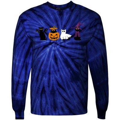 Retro Black Cat Halloween Pumpkin Costume Tie-Dye Long Sleeve Shirt