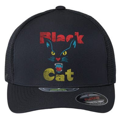 Retro Black Cat Retro Fireworks Vintage Halloween 70s Flexfit Unipanel Trucker Cap