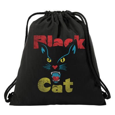 Retro Black Cat Retro Fireworks Vintage Halloween 70s Drawstring Bag