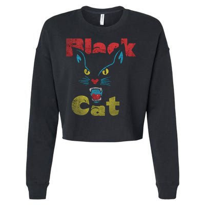 Retro Black Cat Retro Fireworks Vintage Halloween 70s Cropped Pullover Crew