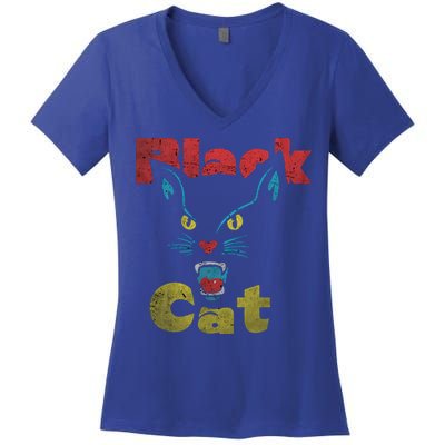 Retro Black Cat Retro Fireworks Vintage Halloween 70s Women's V-Neck T-Shirt