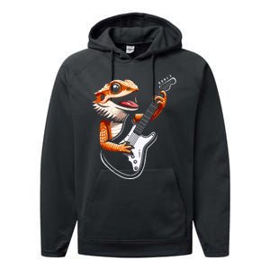 Rocker Bearded Dragon Playing Guitar Guitarist Music Band Performance Fleece Hoodie