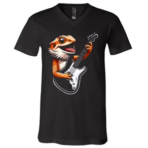 Rocker Bearded Dragon Playing Guitar Guitarist Music Band V-Neck T-Shirt