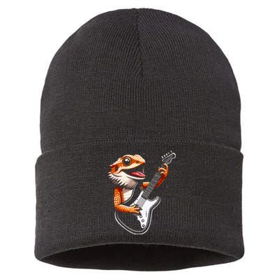 Rocker Bearded Dragon Playing Guitar Guitarist Music Band Sustainable Knit Beanie