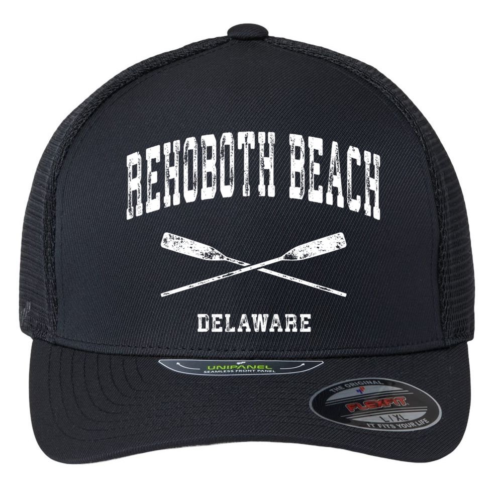 Rehoboth Beach Delaware Vintage Nautical Crossed Oars Gift Flexfit Unipanel Trucker Cap