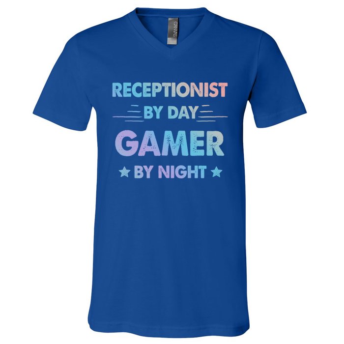 Receptionist By Day Gamer By Night Gift V-Neck T-Shirt