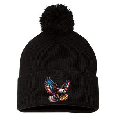 Retro Bald Eagle Hotdog American Flag 4th Of July Patriotic Pom Pom 12in Knit Beanie