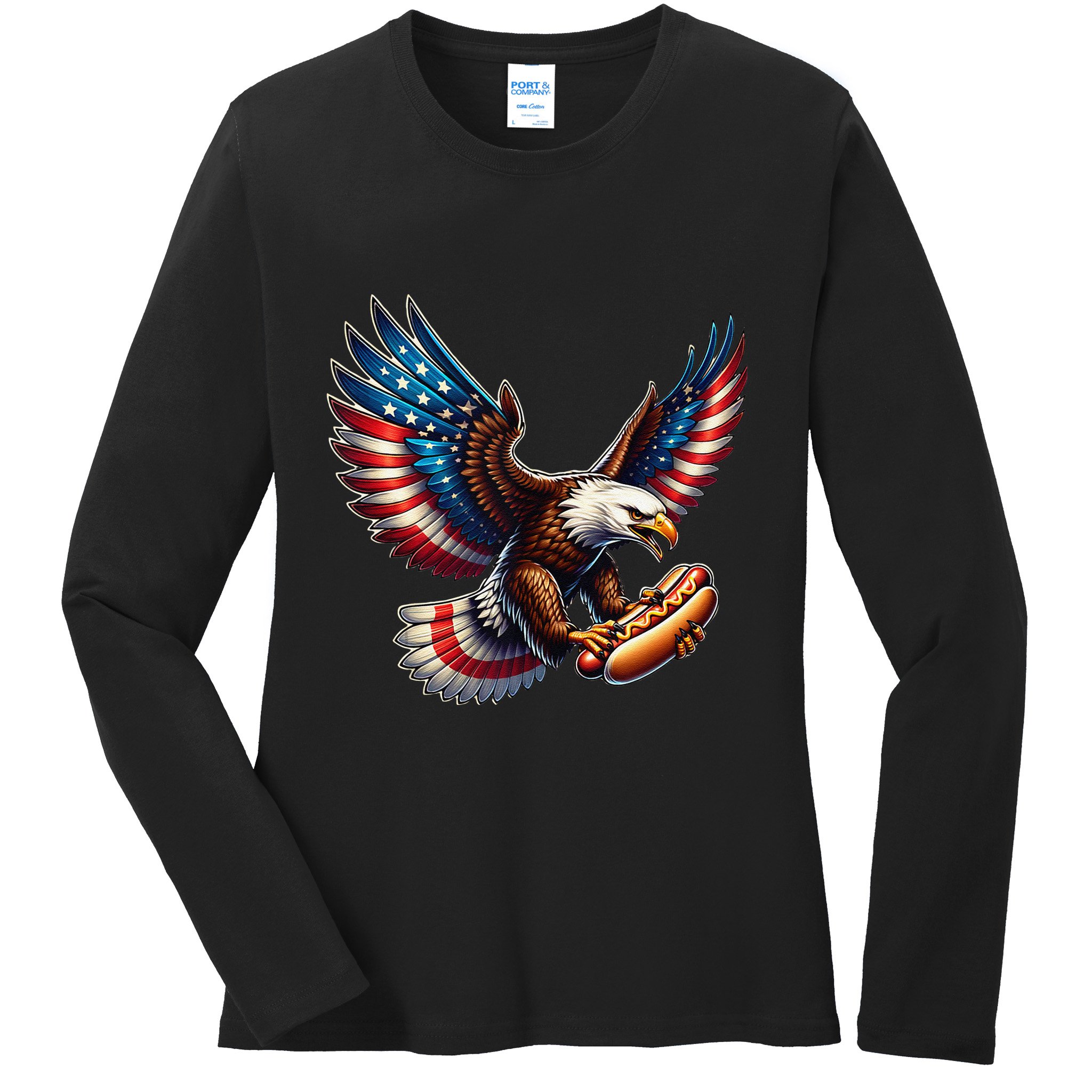 Retro Bald Eagle Hotdog American Flag 4th Of July Patriotic Ladies Long Sleeve Shirt