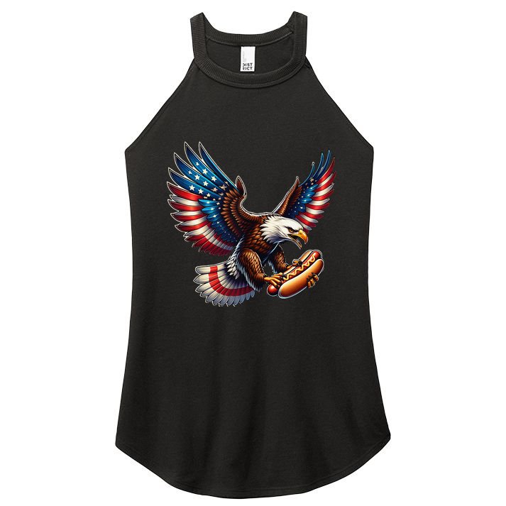 Retro Bald Eagle Hotdog American Flag 4th Of July Patriotic Women's Perfect Tri Rocker Tank