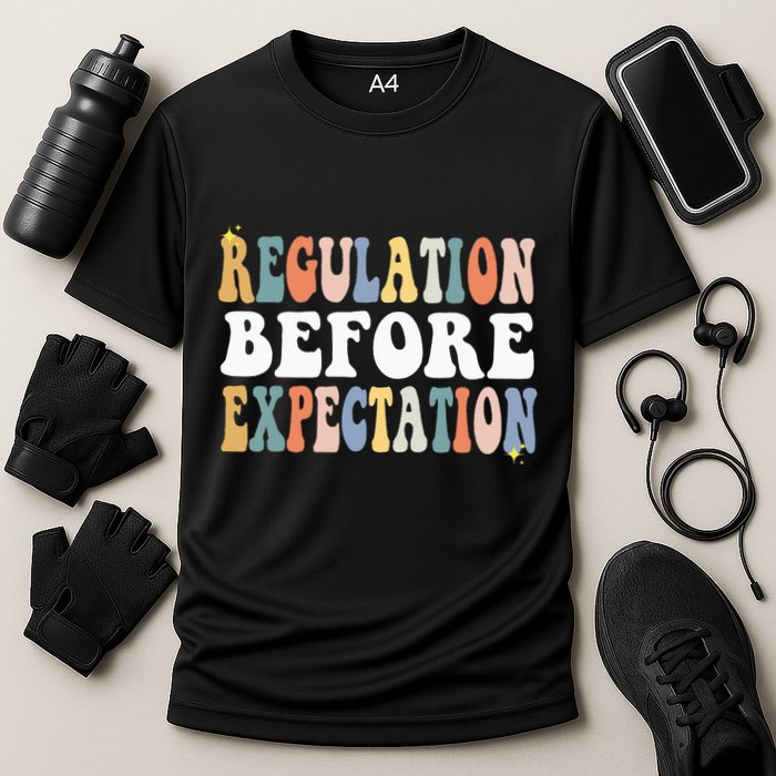 Regulation Before Expectation Groovy SPED Teacher OT Therapy Cooling Performance Crew T-Shirt