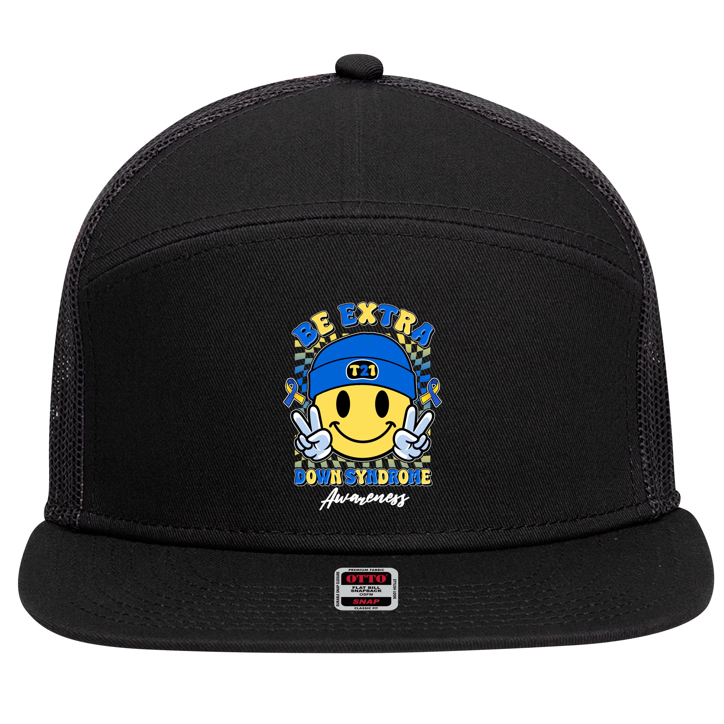 Retro Be Extra Down Syndrome Awareness Smiley Emoji 7 Panel Mesh Trucker Snapback Hat