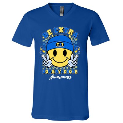 Retro Be Extra Down Syndrome Awareness Smiley Emoji V-Neck T-Shirt