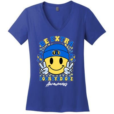 Retro Be Extra Down Syndrome Awareness Smiley Emoji Women's V-Neck T-Shirt