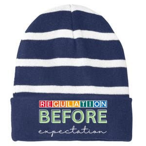 Regulation Before Expectation Autism Awareness Quote Striped Beanie with Solid Band