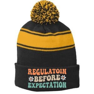 Regulation Before Expectation Retro Neurodiversity Therapist Stripe Pom Pom Beanie