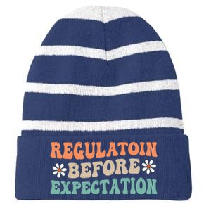 Regulation Before Expectation Retro Neurodiversity Therapist Striped Beanie with Solid Band