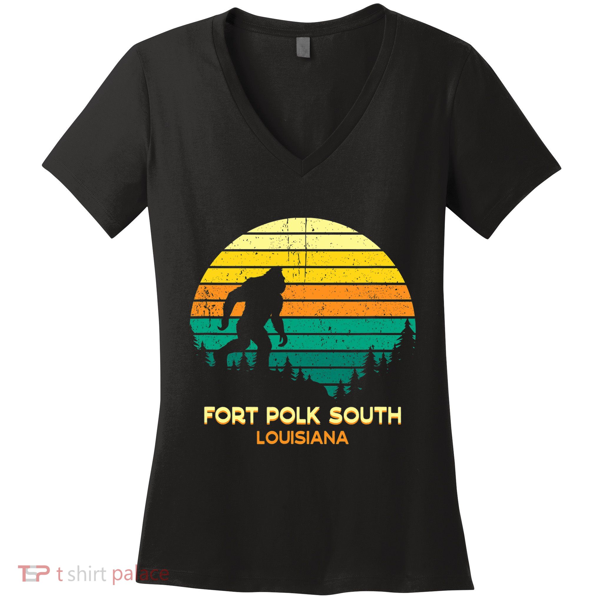 Retro Bayou Fort Polk South Louisiana Bigfoot Souvenir Women's V-Neck T-Shirt