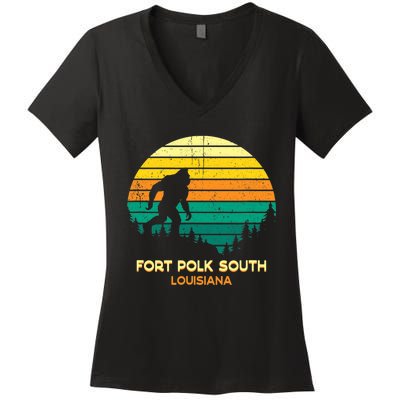 Retro Bayou Fort Polk South Louisiana Bigfoot Souvenir Women's V-Neck T-Shirt