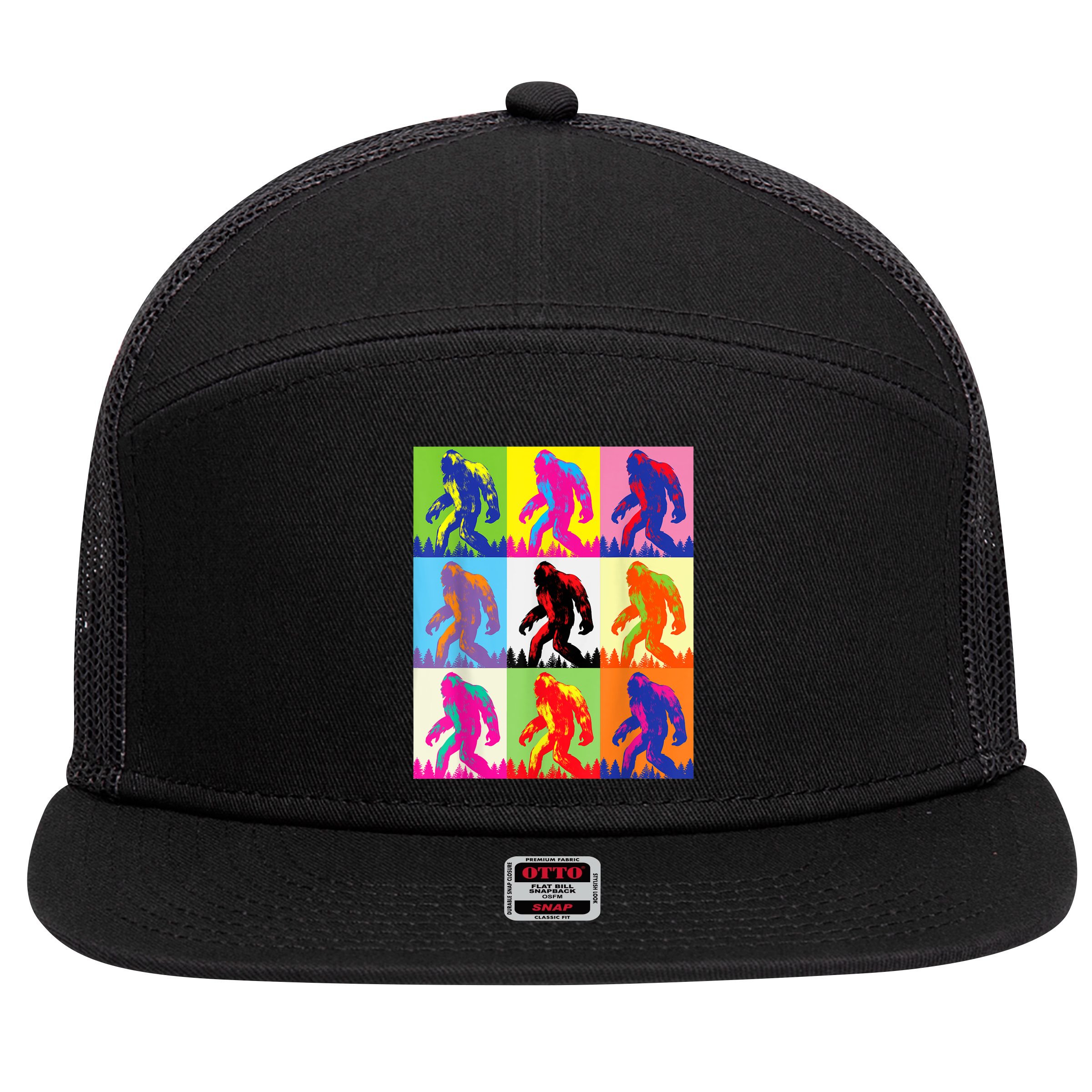 Retro Bigfoot , Funny Pop Art Bigfoot 7 Panel Mesh Trucker Snapback Hat