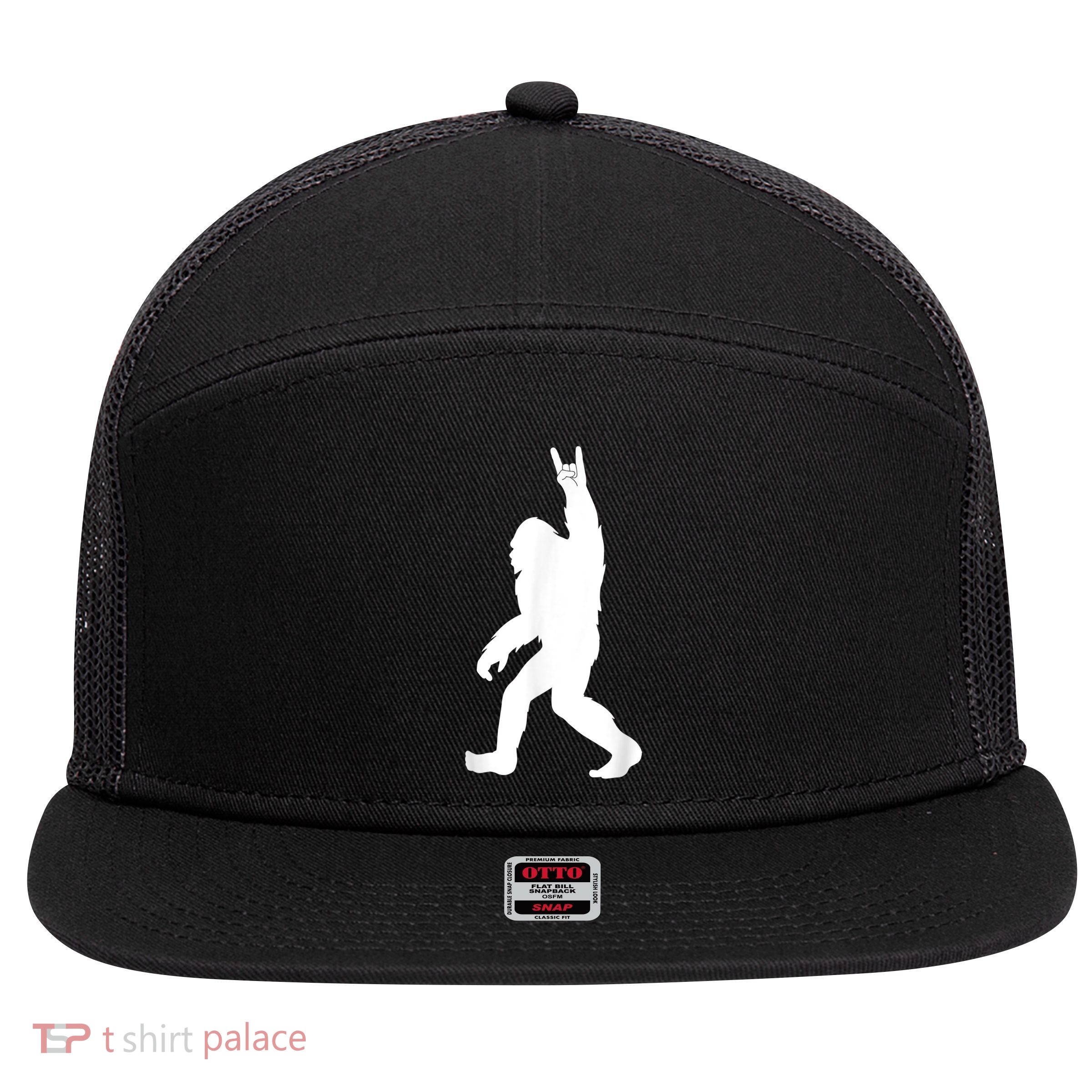 Retro Bigfoot , Funny Rock And Roll Bigfoot 7 Panel Mesh Trucker Snapback Hat