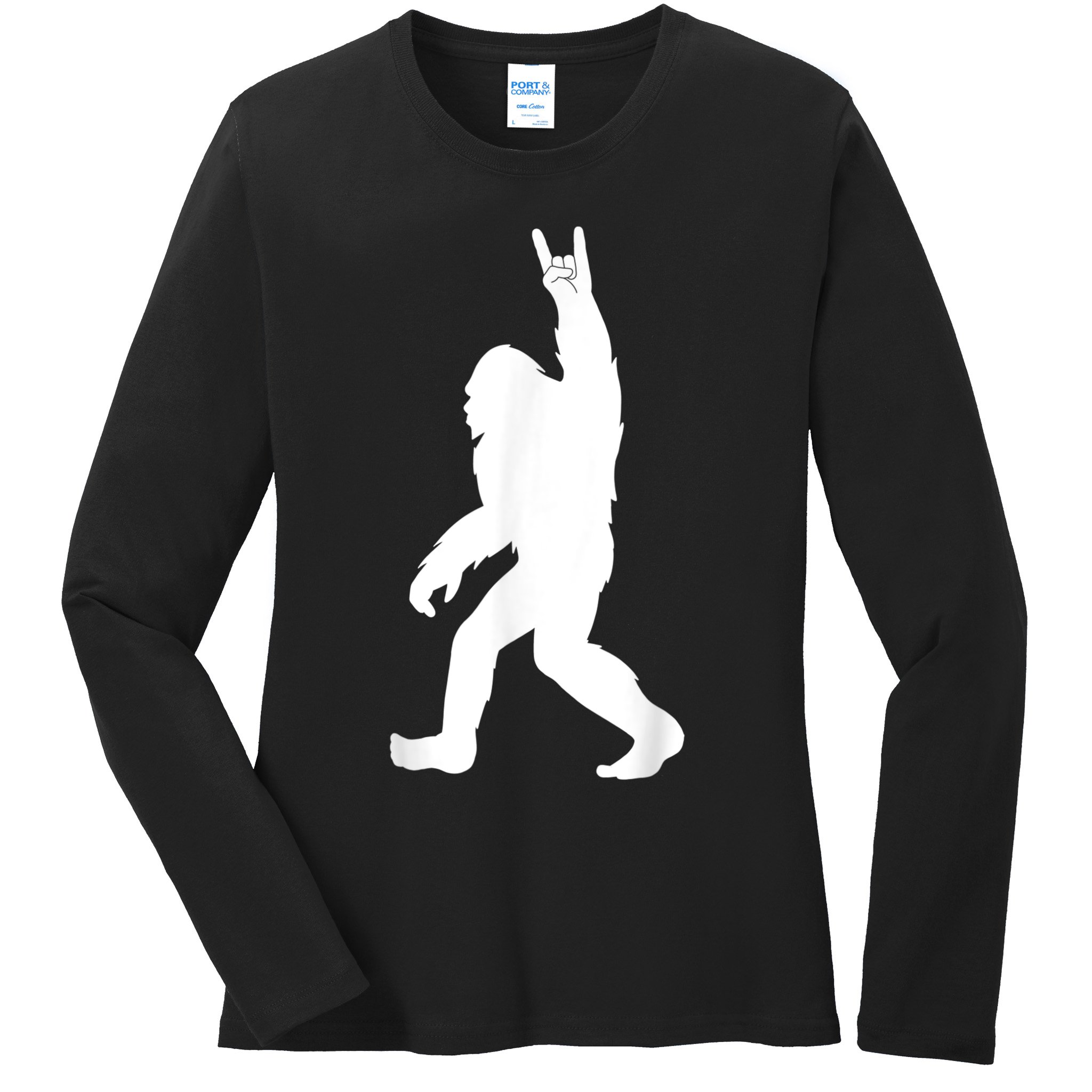 Retro Bigfoot , Funny Rock And Roll Bigfoot Ladies Long Sleeve Shirt