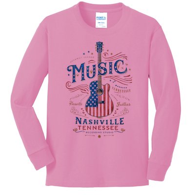 Red Blue Flag Patriotic Usa 4th Of July Nashville Guitar Kids Long Sleeve Shirt