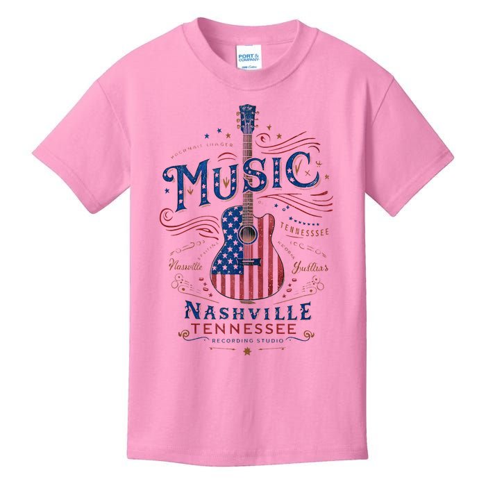 Red Blue Flag Patriotic Usa 4th Of July Nashville Guitar Kids T-Shirt