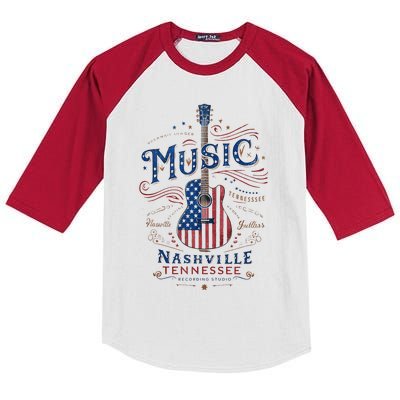 Red Blue Flag Patriotic Usa 4th Of July Nashville Guitar Kids Colorblock Raglan Jersey