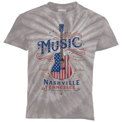 Red Blue Flag Patriotic Usa 4th Of July Nashville Guitar Kids Tie-Dye T-Shirt