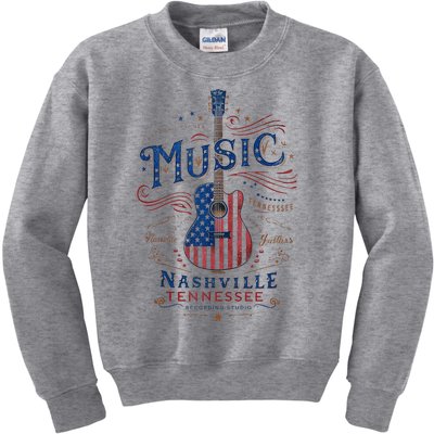 Red Blue Flag Patriotic Usa 4th Of July Nashville Guitar Kids Sweatshirt