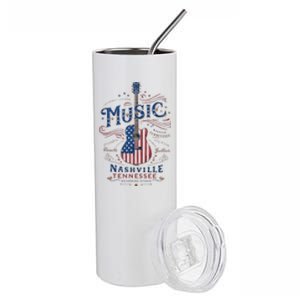 Red Blue Flag Patriotic Usa 4th Of July Nashville Guitar Stainless Steel Tumbler