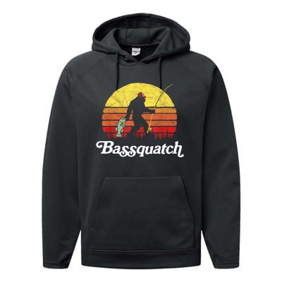 Retro Bassquatch Funny Bigfoot Fishing Outdoor Gift Performance Fleece Hoodie