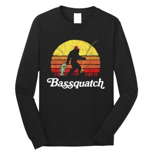 Retro Bassquatch Funny Bigfoot Fishing Outdoor Gift Long Sleeve Shirt