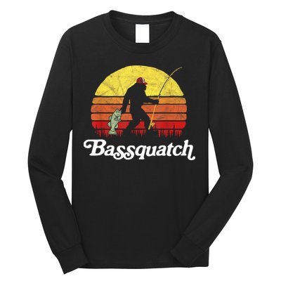 Retro Bassquatch Funny Bigfoot Fishing Outdoor Gift Long Sleeve Shirt
