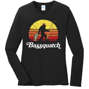 Retro Bassquatch Funny Bigfoot Fishing Outdoor Gift Ladies Long Sleeve Shirt