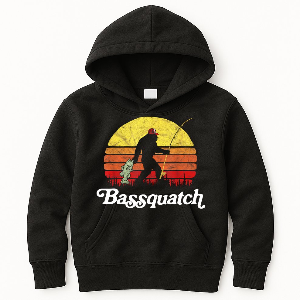 Retro Bassquatch Funny Bigfoot Fishing Outdoor Gift Kids Hoodie