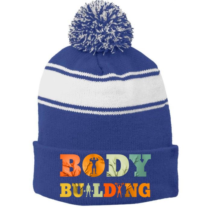 Retro Bodybuilding Fitness Gym Meaningful Gift Vintage Bodybuilder Cute Gift Stripe Pom Pom Beanie