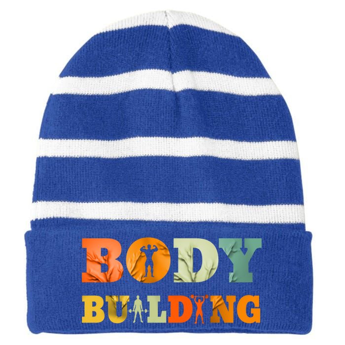 Retro Bodybuilding Fitness Gym Meaningful Gift Vintage Bodybuilder Cute Gift Striped Beanie with Solid Band