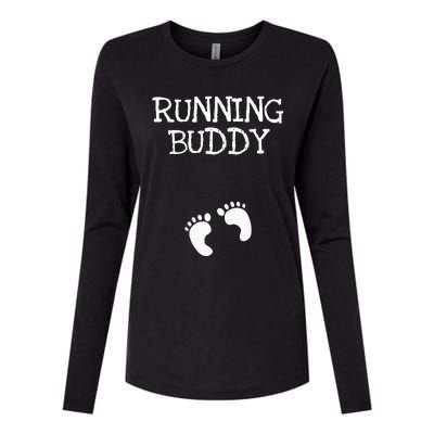 Running Buddy Funny Cute Pregnancy Announcement White Text Womens Cotton Relaxed Long Sleeve T-Shirt